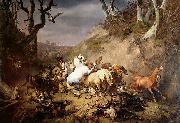 Eugene Verboeckhoven Hungry Wolves Attacking a Group of Horsemen oil on canvas